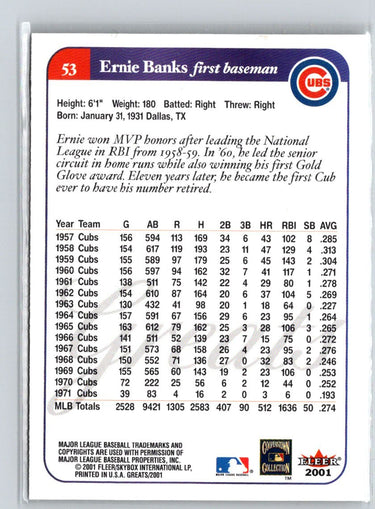 2001 Fleer Greats of the Game #53 Ernie Banks Q29