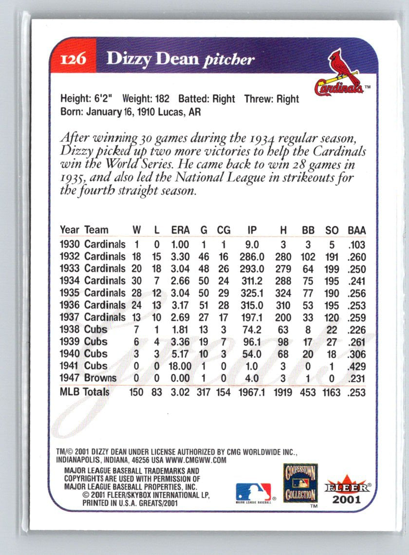 2001 Fleer Greats of the Game #126 Dizzy Dean Q30