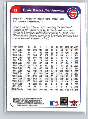 2001 Fleer Greats of the Game #53 Ernie Banks Q30