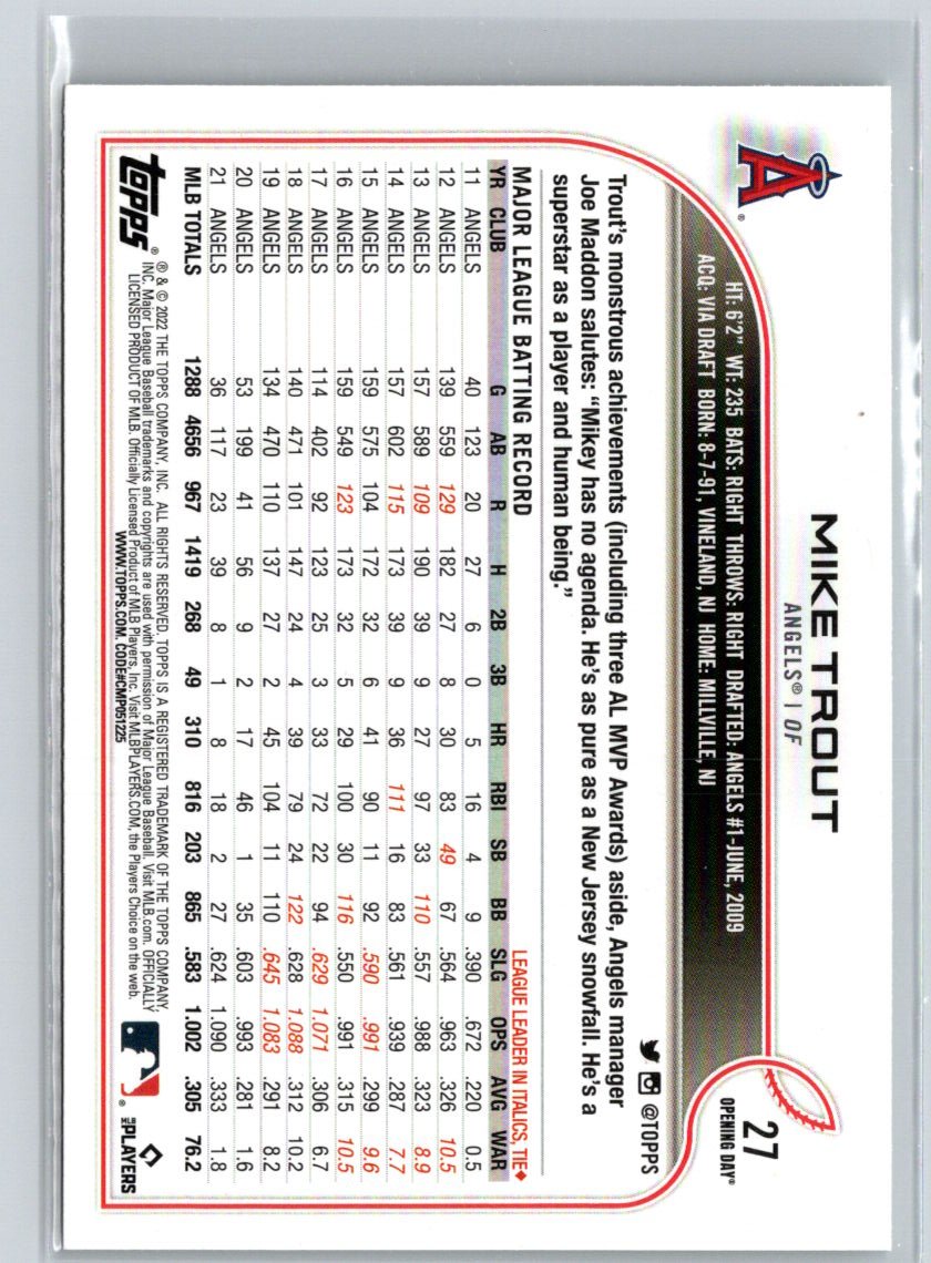 2022 Topps Opening Day #27 Mike Trout Q30