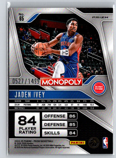2024-25 Panini Prizm Monopoly #65 Jaden Ivey Millionaire Club Prizms #/1499 Q31