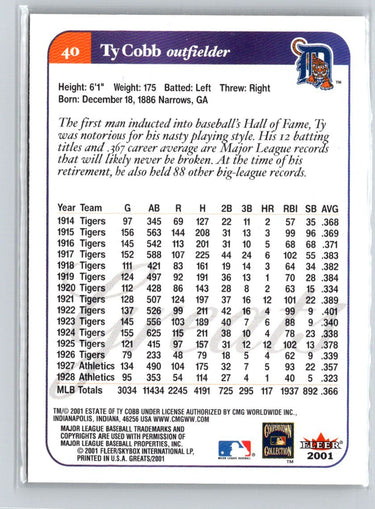 2001 Fleer Greats of the Game #40 Ty Cobb Q33