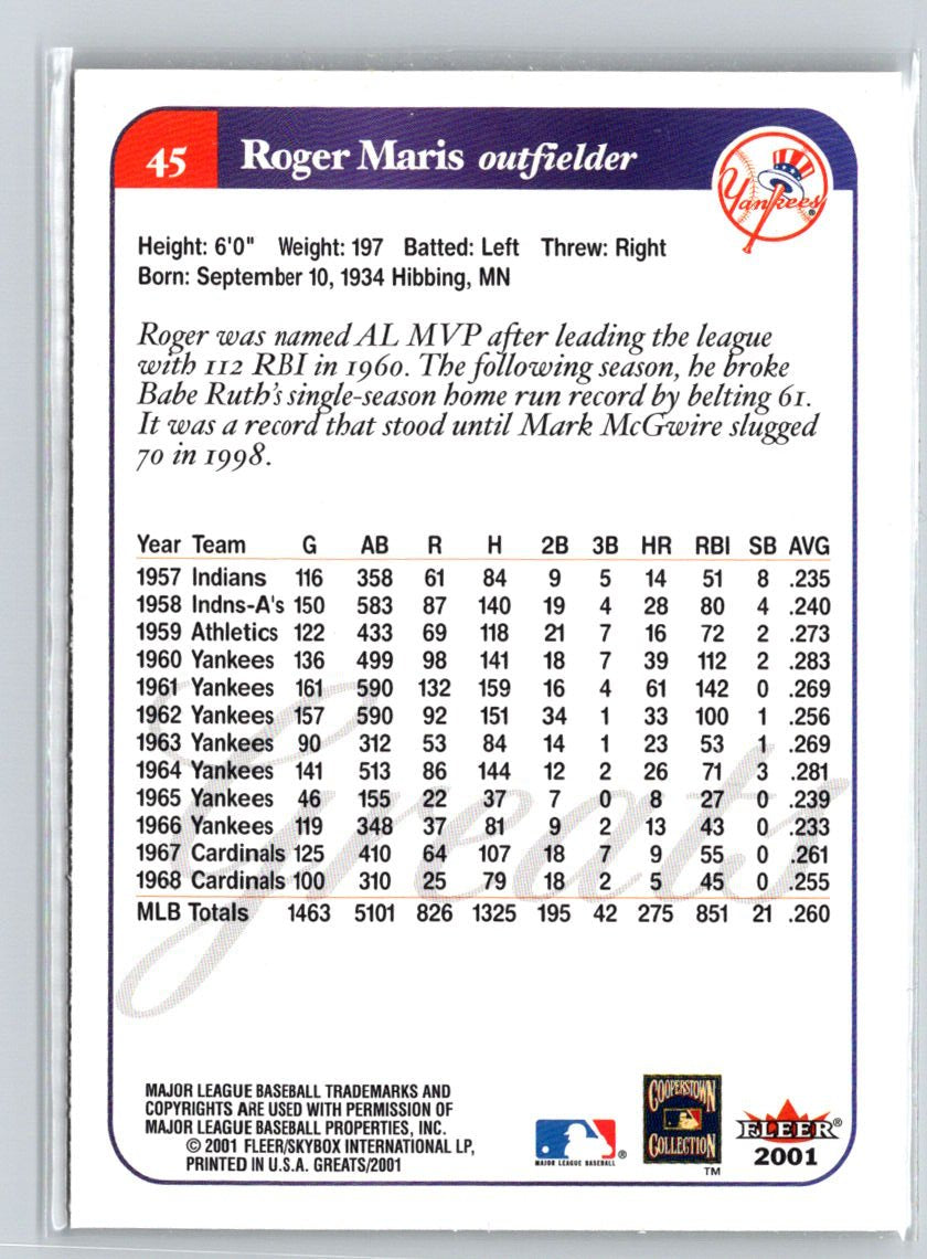 2001 Fleer Greats of the Game #45 Roger Maris Q33