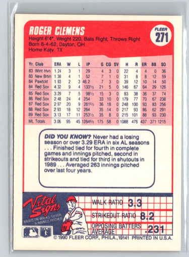 1990 Fleer #271b Roger Clemens Q34