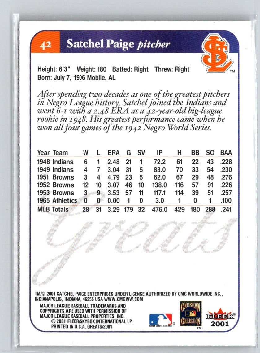 2001 Fleer Greats of the Game #42 Satchel Paige Q34