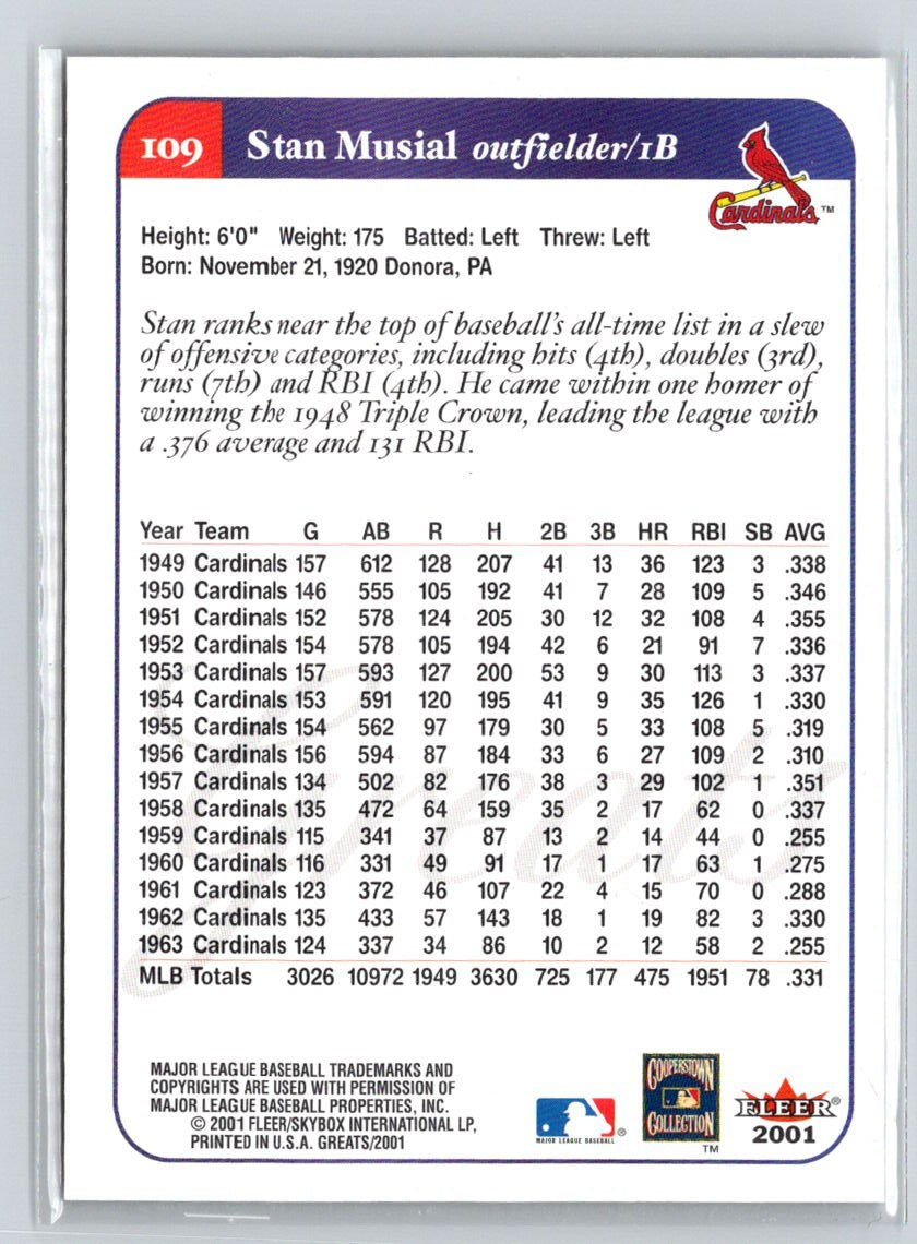 2001 Fleer Greats of the Game #109 Stan Musial Q35