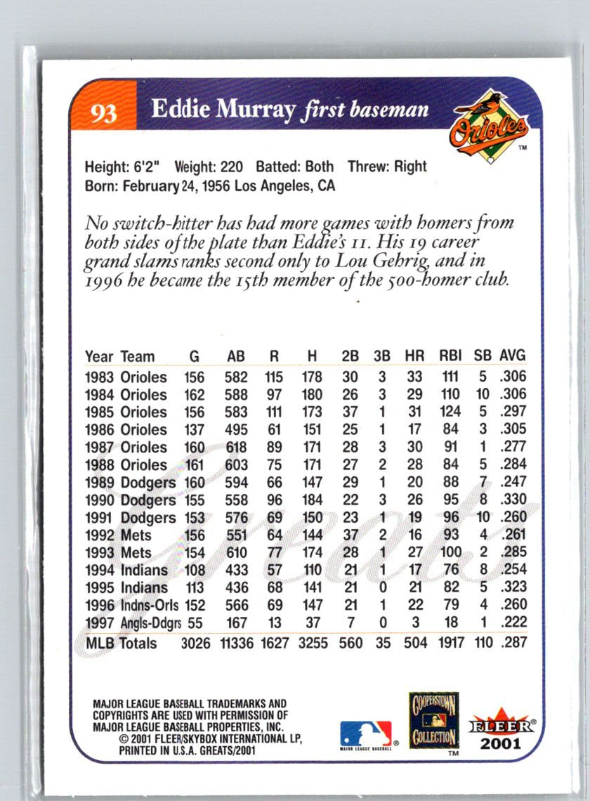 2001 Fleer Greats of the Game #93 Eddie Murray Q35