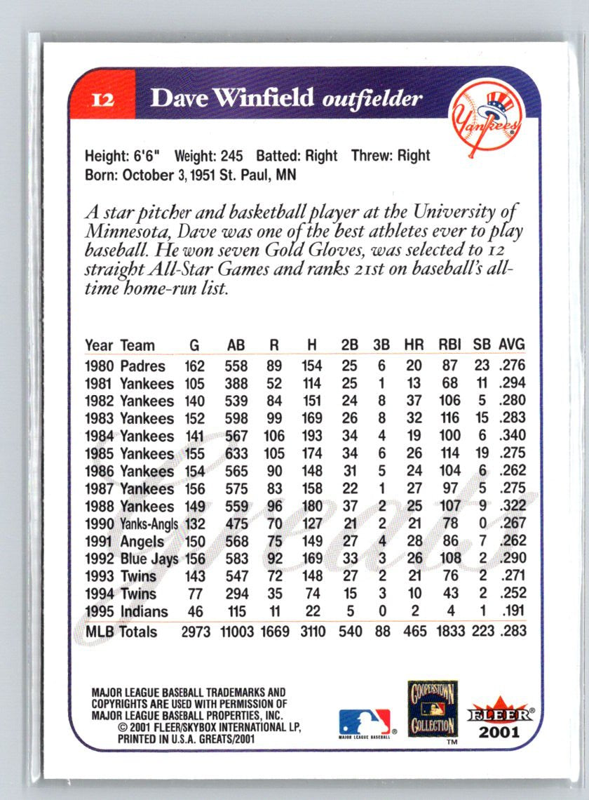 2001 Fleer Greats of the Game #12 Dave Winfield Q37