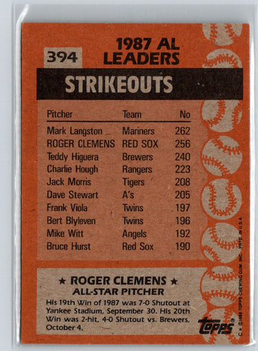 1988 Topps #394 Roger Clemens Q38