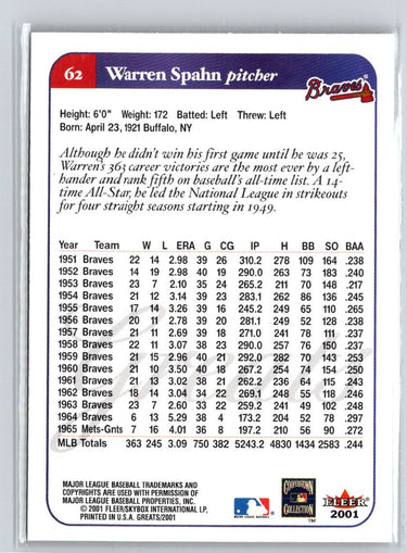 2001 Fleer Greats of the Game #62 Warren Spahn Q38