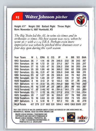 2001 Fleer Greats of the Game #15 Walter Johnson Q38