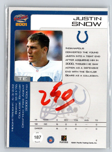 2001 Pacific #187 Justin Snow Retail LTD #/299 Q39