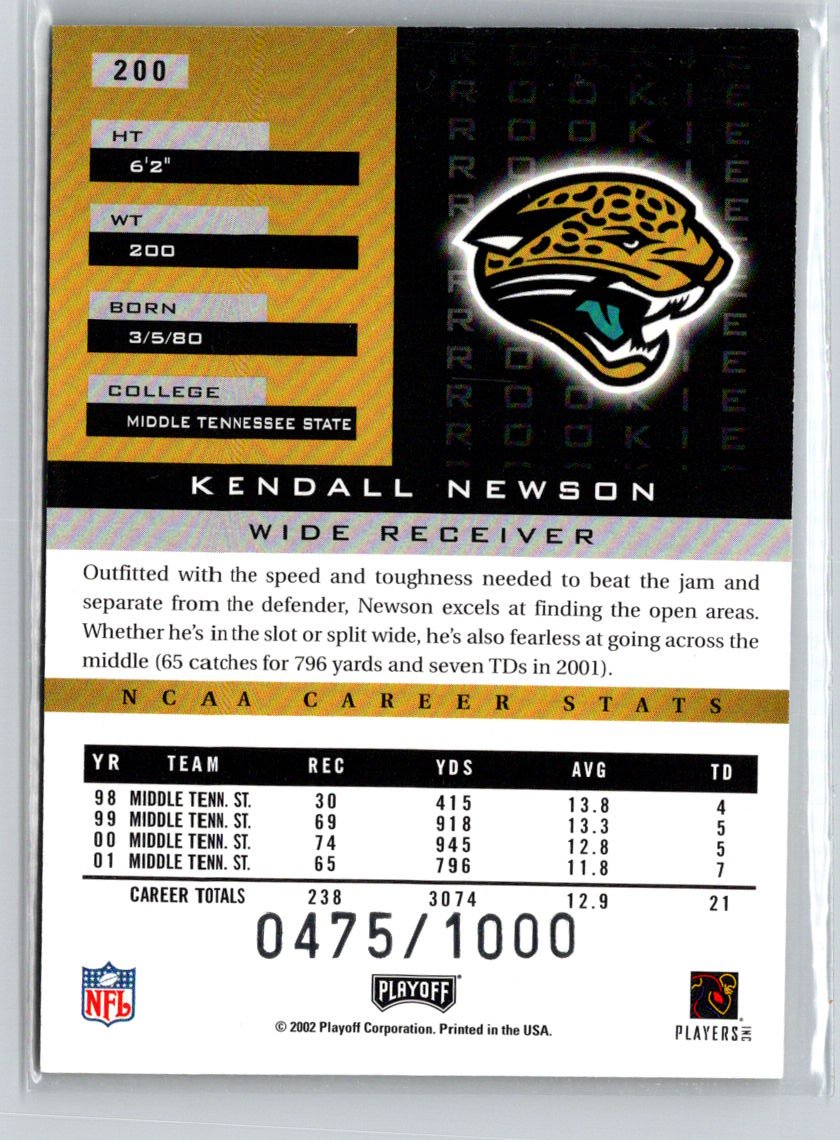 2002 Playoff Honors #200 Kendall Newson #/1000 Q43