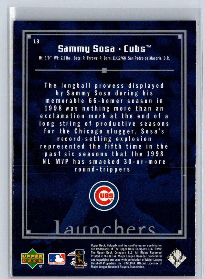 1999 Upper Deck HoloGrFX #L3 Sammy Sosa Launchers Q43
