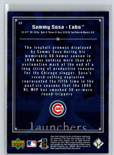 1999 Upper Deck HoloGrFX #L3 Sammy Sosa Launchers Q43