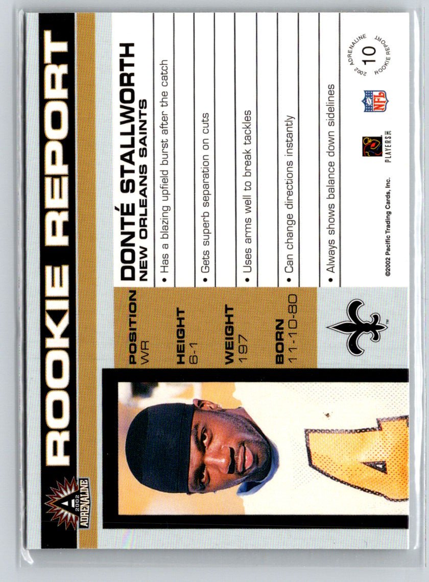 2002 Pacific Adrenaline #10 Donte Stallworth Rookie Report Q47