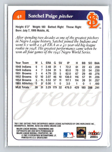 2001 Fleer Greats of the Game #42 Satchel Paige Q47