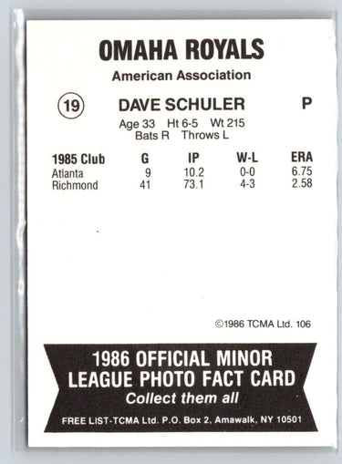 1986 TCMA Omaha Royals #19 Dave Schuler : Black back Q49