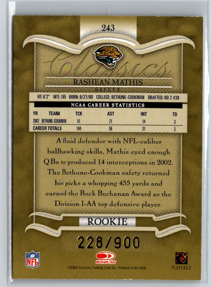 2003 Donruss Classics #243 Rashean Mathis RC #/900 Q50