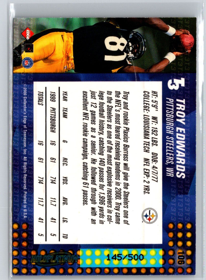 2000 Collector's Edge T3 #106 Troy Edwards HoloPlatinum #/500 Q52