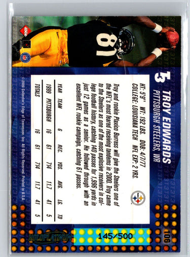 2000 Collector's Edge T3 #106 Troy Edwards HoloPlatinum #/500 Q52