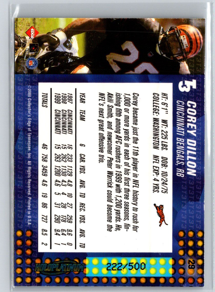 2000 Collector's Edge T3 #29 Corey Dillon HoloPlatinum #/500 Q56