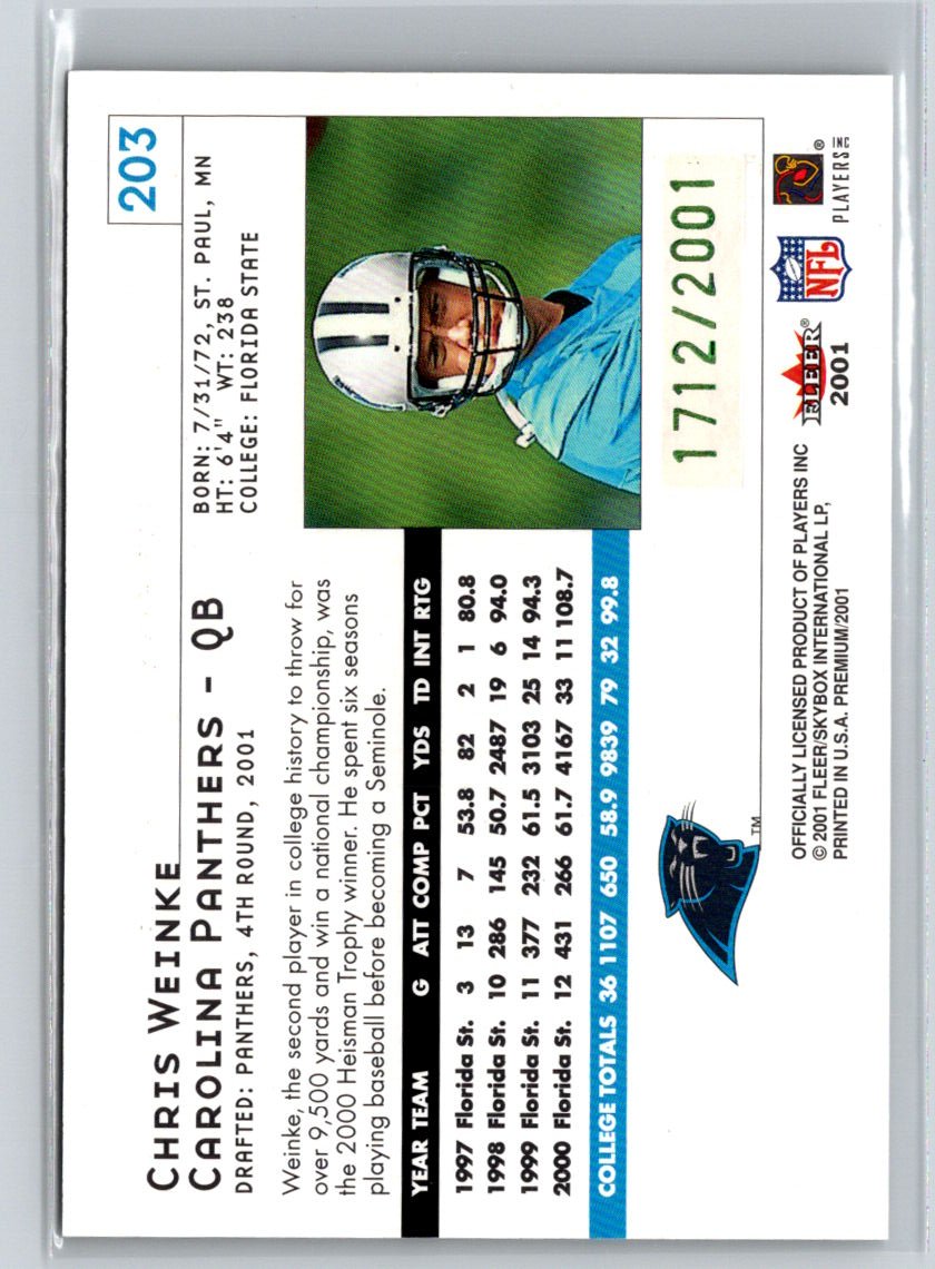 2001 Fleer Premium #203 Chris Weinke #/2001 Q56