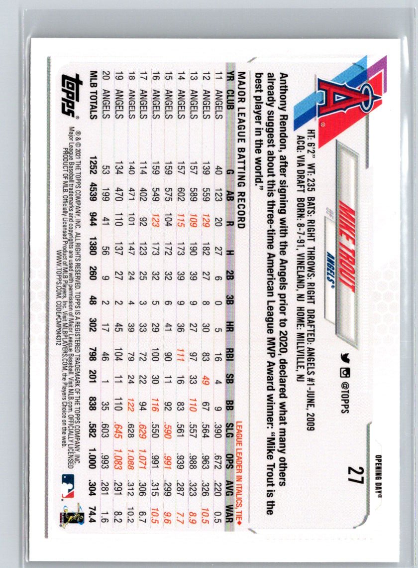 2021 Topps Opening Day #27 Mike Trout Q63