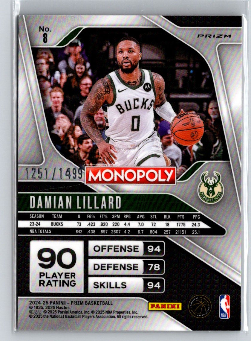 2024-25 Panini Prizm Monopoly #8 Damian Lillard Orange Prizms #/149 Q68
