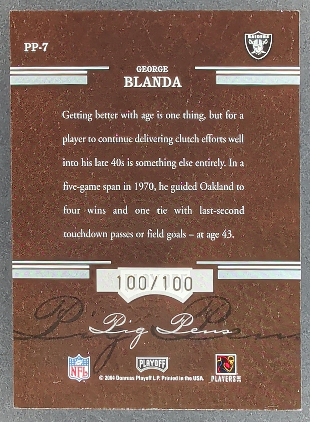 2004 Playoff Hogg Heaven #PP-7 George Blanda Pig Pens Autographs #/100 T06