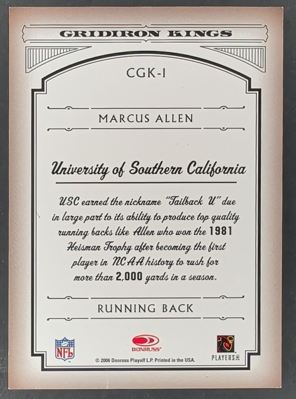 2006 Donruss Threads #CGK-1 Marcus Allen College Gridiron Kings Autographs T12