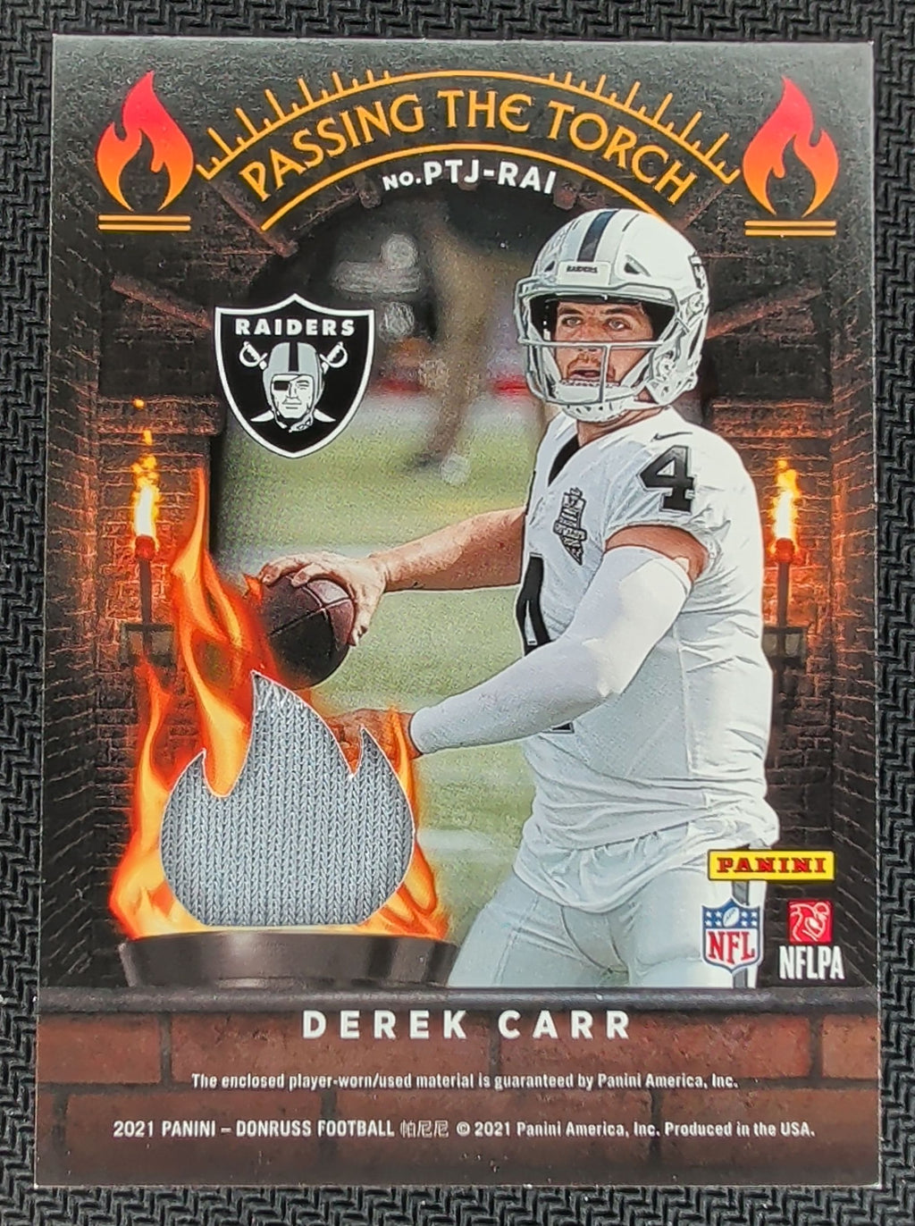 2021 Donruss Derek Carr Jim Plunkett Passing the Torch Jerseys Prime #/25 T24