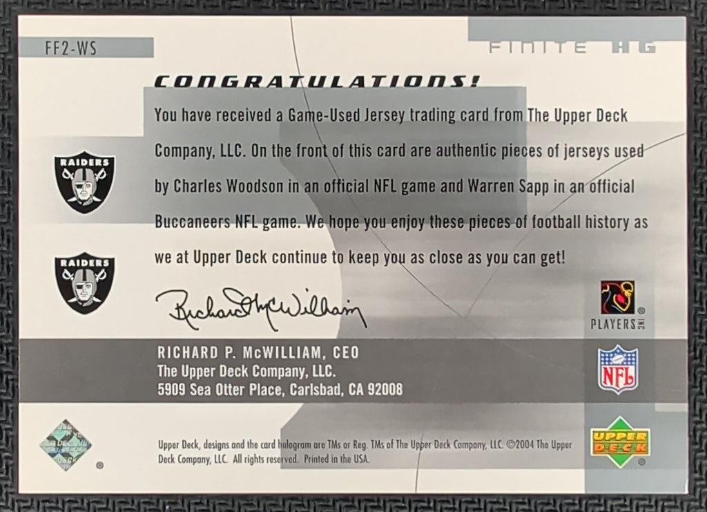 2004 Upper Deck Finite Charles Woodson Warren Sapp Finite Fabrics Duals T25
