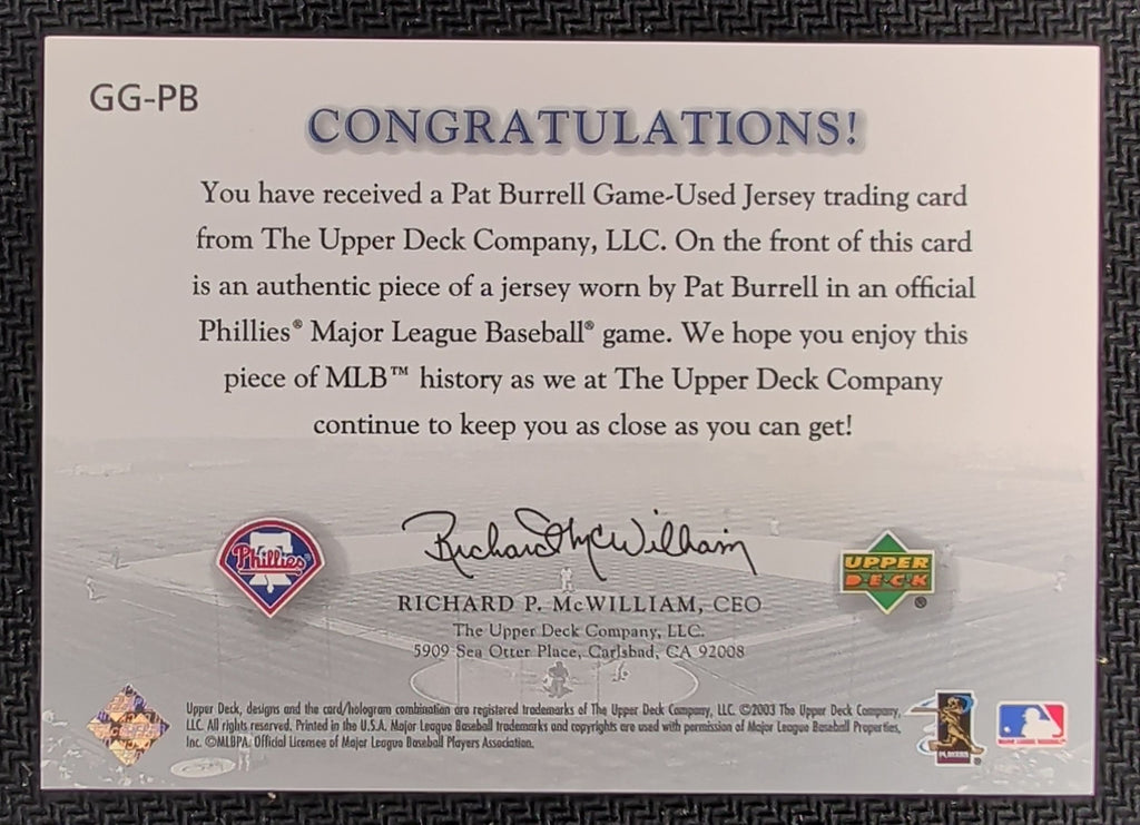 2003 Upper Deck Game Face #GG-PB Pat Burrell Game Face Gear U06