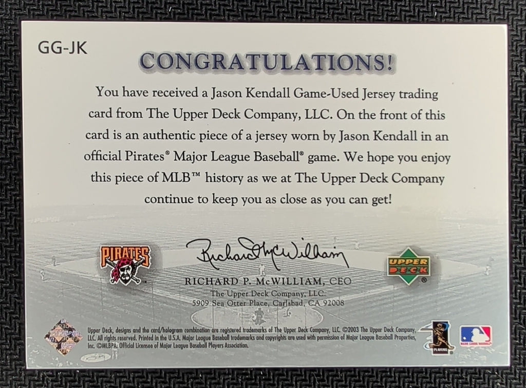 2003 Upper Deck Game Face #GG-JK Jason Kendall Game Face Gear U07
