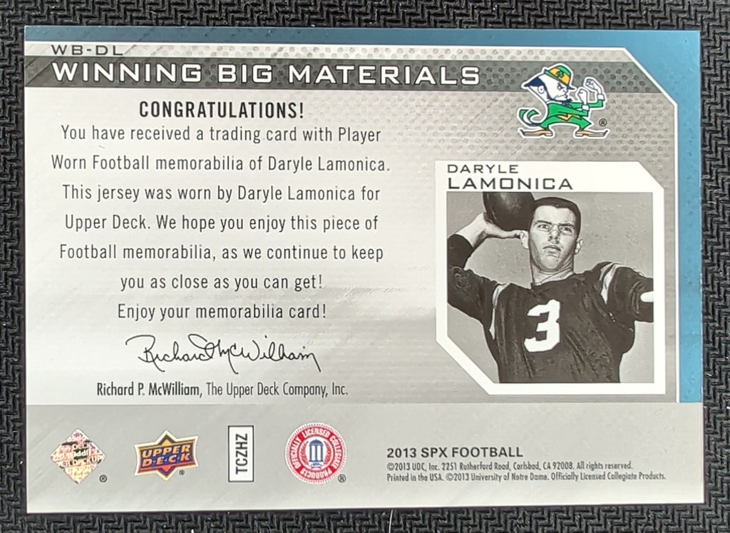2013 SPx #WB-DL Daryle Lamonica Winning Big Materials Patch #/10 U12