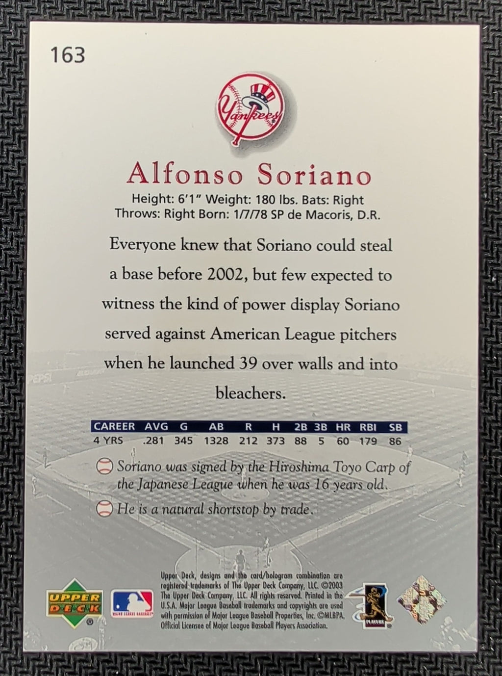 2003 Upper Deck Game Face #163 Alfonso Soriano U17
