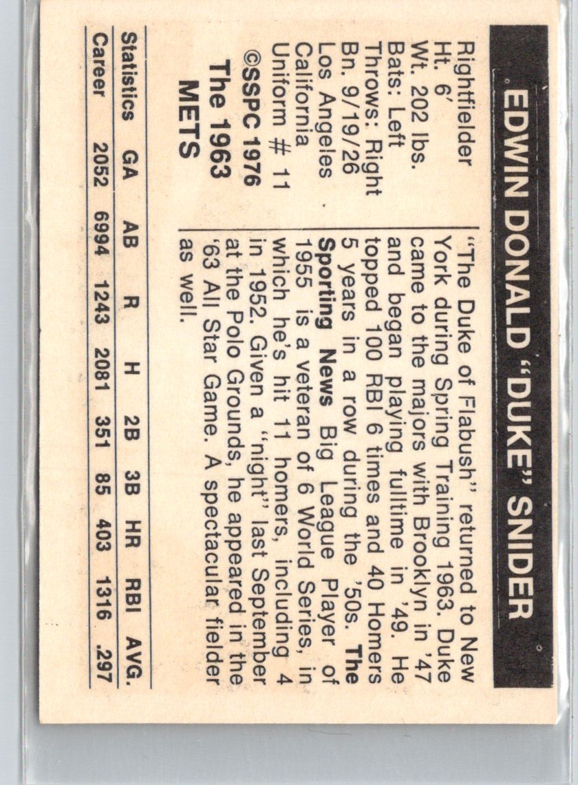 1976 SSPC 1963 New York Mets #NNO Duke Snider V01