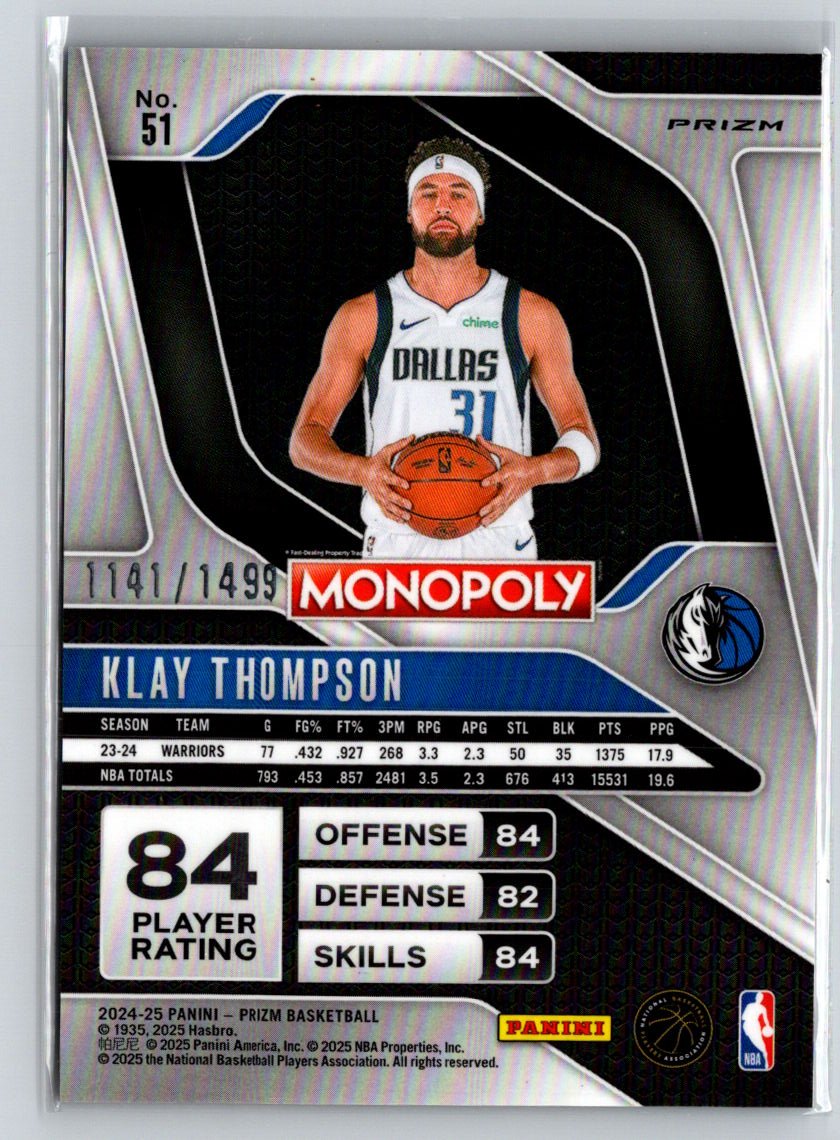 2024-25 Prizm Monopoly Klay Thompson Millionaire Club Prizms #/1499 V02