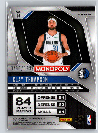 2024-25 Prizm Monopoly Klay Thompson Millionaire Club Prizms #/1499 V06