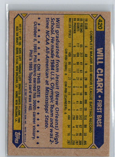 1987 Topps #420 Will Clark V10