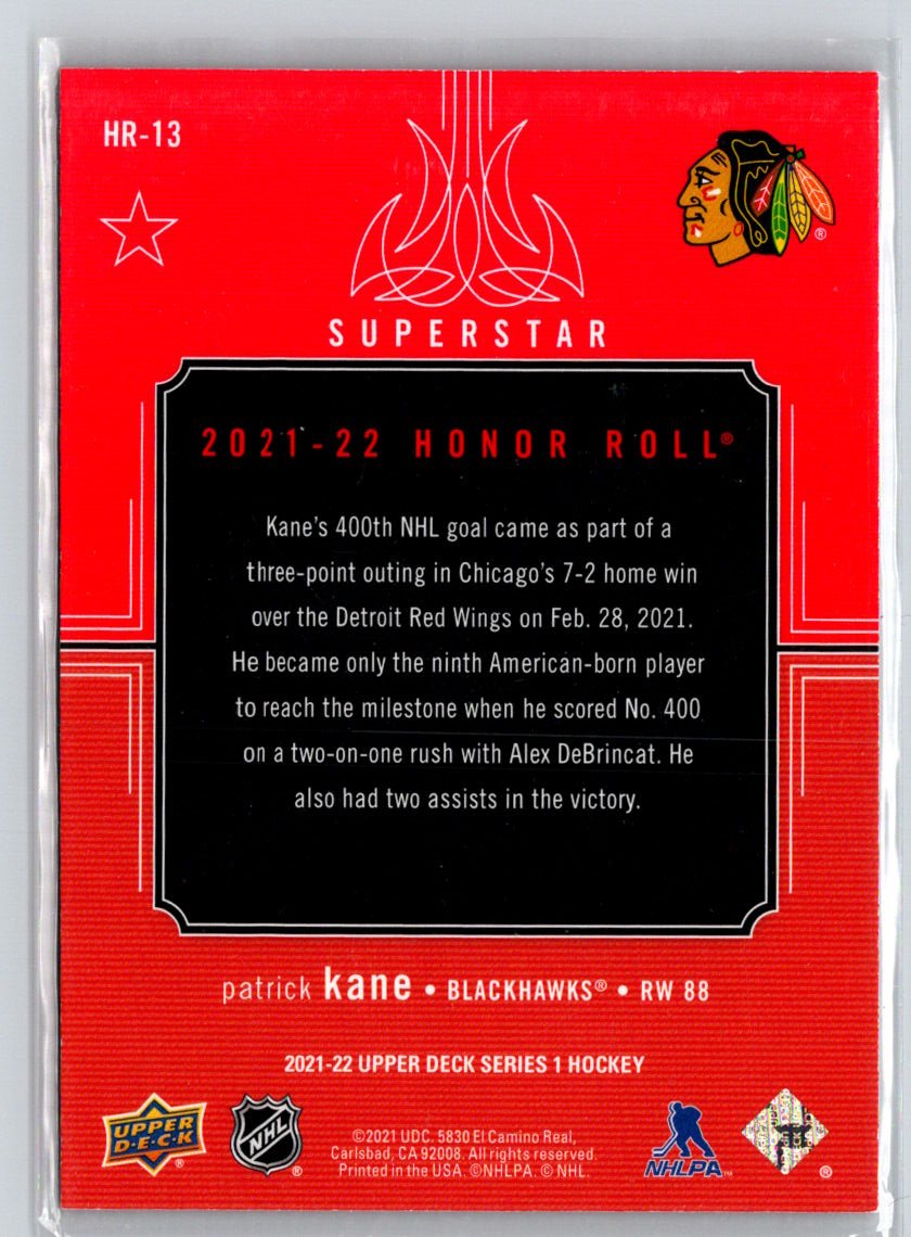 2021-22 Upper Deck #HR-13 Patrick Kane Honor Roll Rainbow Red V10