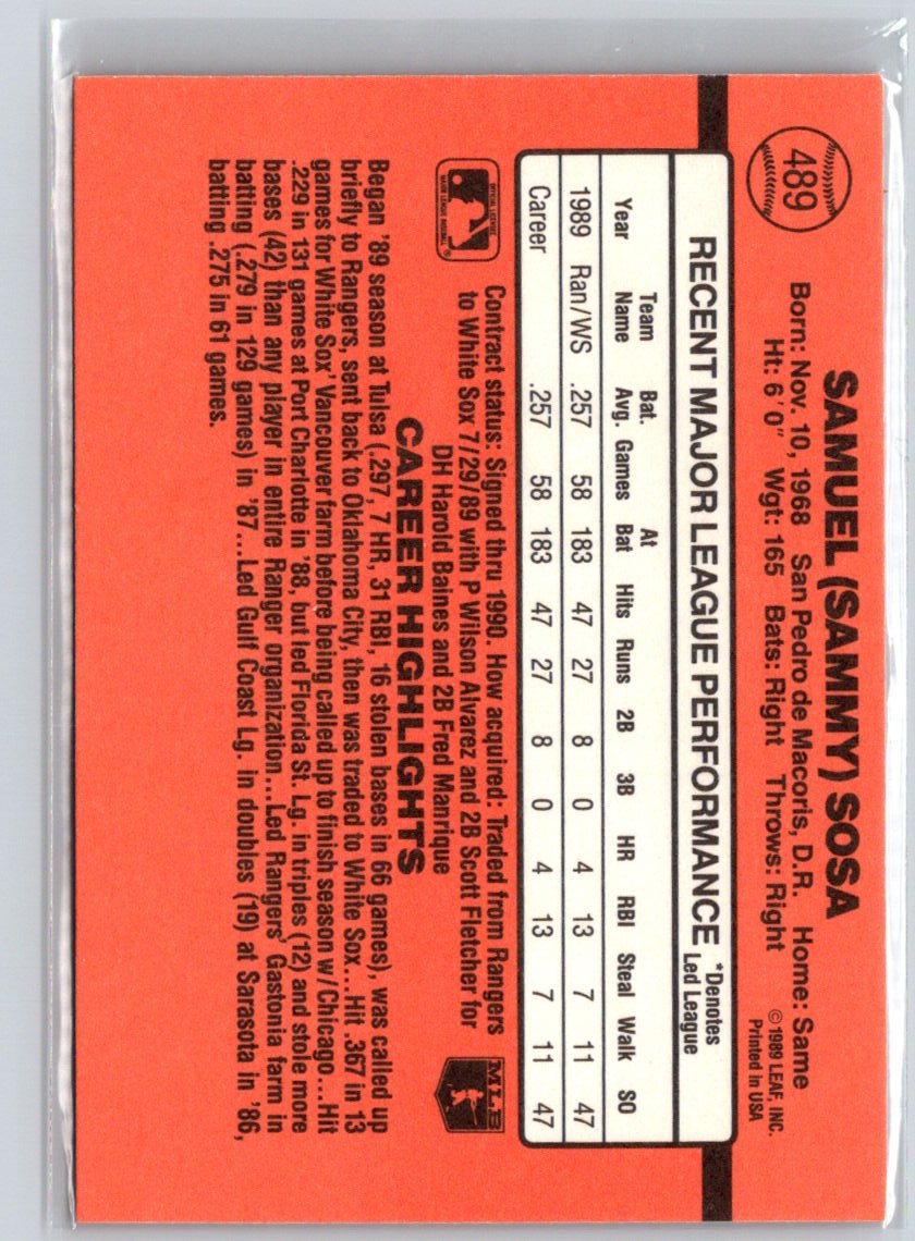 1990 Donruss #489b Sammy Sosa V15
