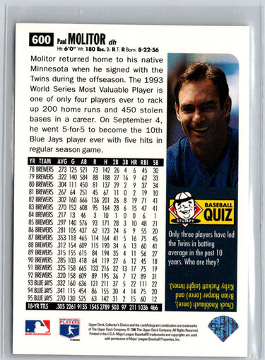 1996 Collector's Choice #600 Paul Molitor Silver Signature V17