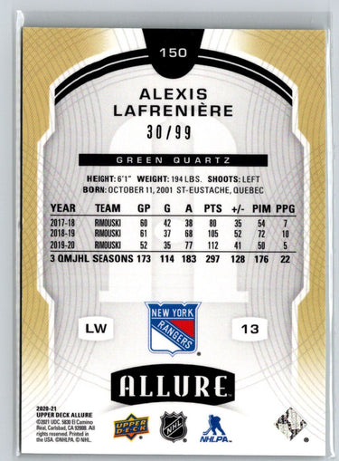 2020-21 Upper Deck Allure #150 Alexis Lafreniere Green Quartz #/99 V18