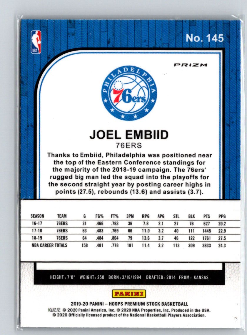 2019-20 Hoops Premium Stock #145 Joel Embiid Prizms Green V19