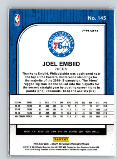 2019-20 Hoops Premium Stock #145 Joel Embiid Prizms Green V19