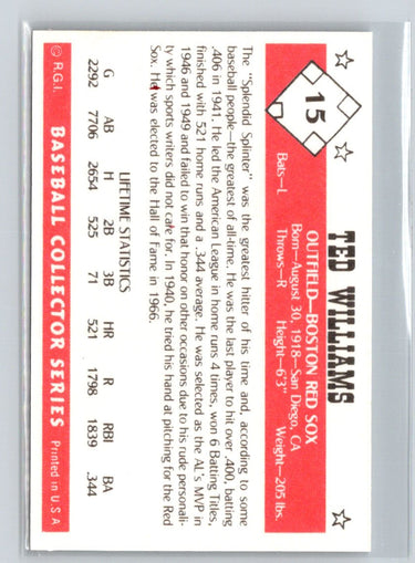1984 Galasso Baseball Collector Series #15 Ted Williams V19