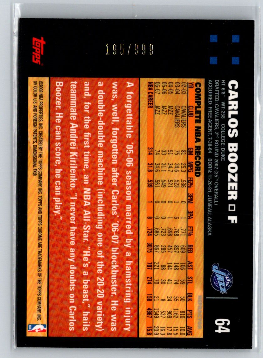 2007-08 Topps Chrome #64 Carlos Boozer Refractors #/999 V21