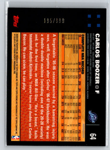 2007-08 Topps Chrome #64 Carlos Boozer Refractors #/999 V21